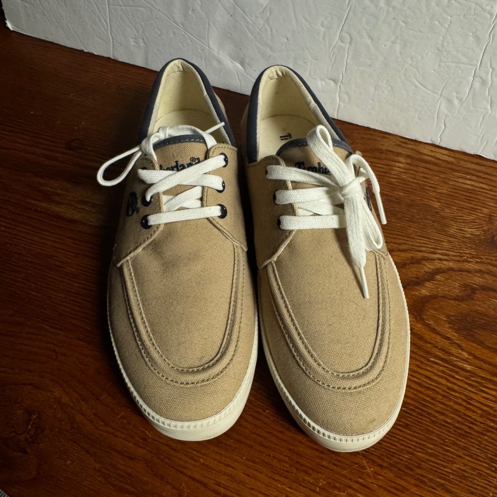 Timberland Mens Canvas Boat Shoes Tan Navy Low Top Sneakers A18FC Size 9